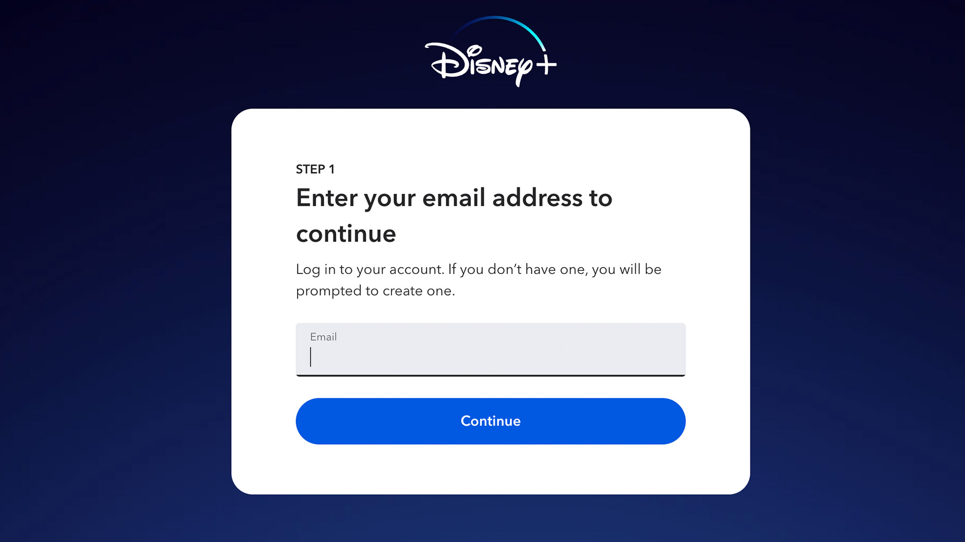 The Disney Plus login screen