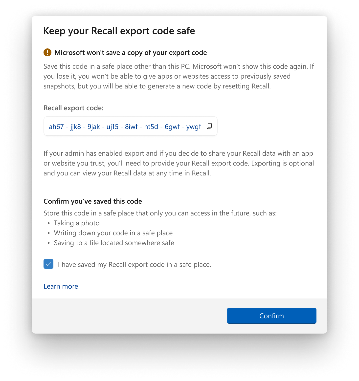 Windows Recall export code screen on Windows 11.