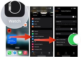 To turn Wake on Wrist Raise off/on:: Tap the Apple Watch app on your iPhone Home screen. Select Display & Brightness. Toggle on/off Wake on Wrist Raise.