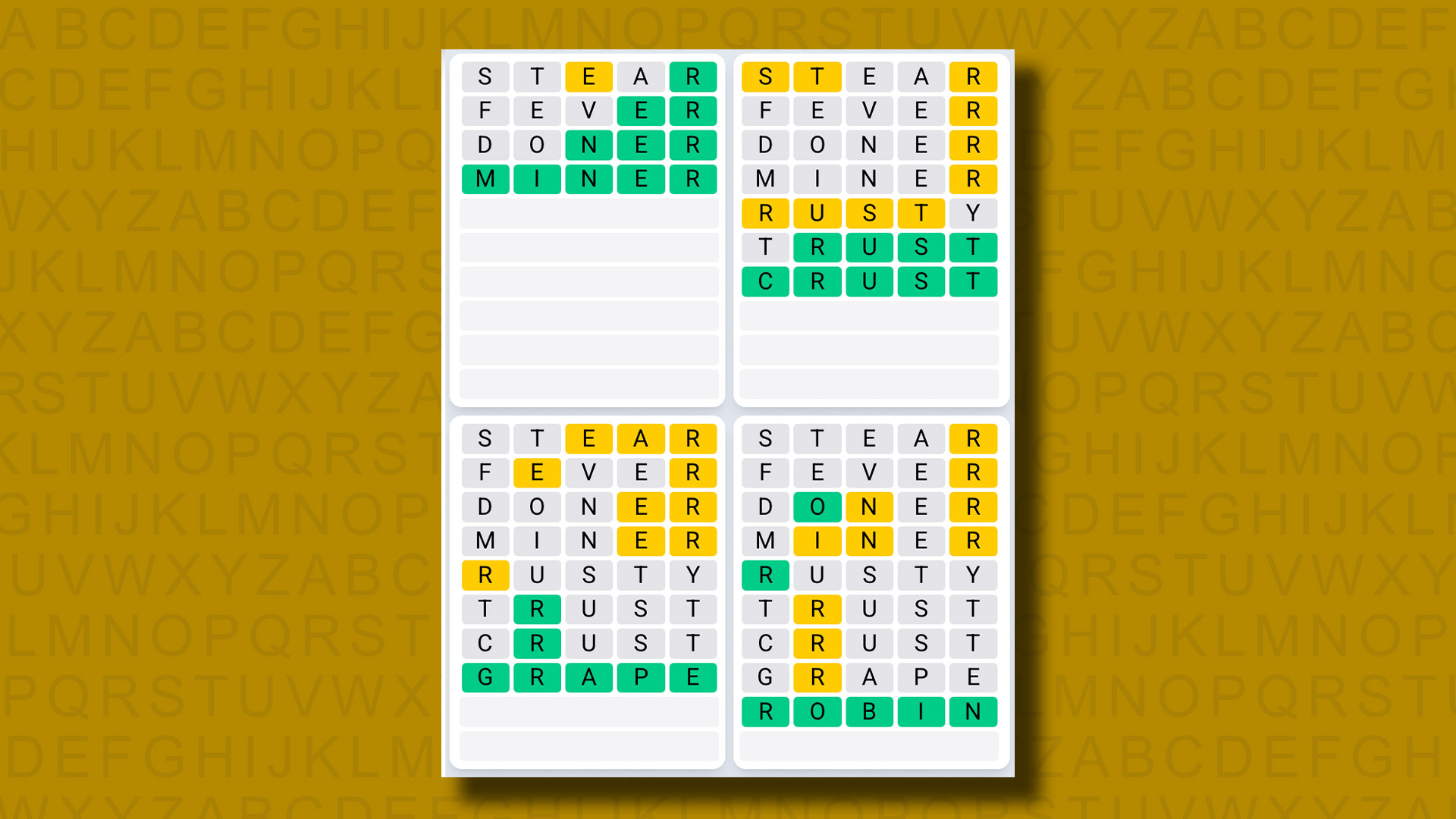 Quordle Daily Sequence answers for game 1274 on a yellow background
