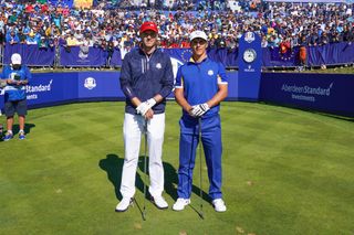 Jordan Spieth (left) and Thorbjorn Olesen stand on the first tee ahead of their singles match at the 2018 Ryder Cup