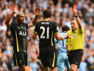 Tottenham's Federico Fazio is sent off in a game against Manchester City in October 2014.