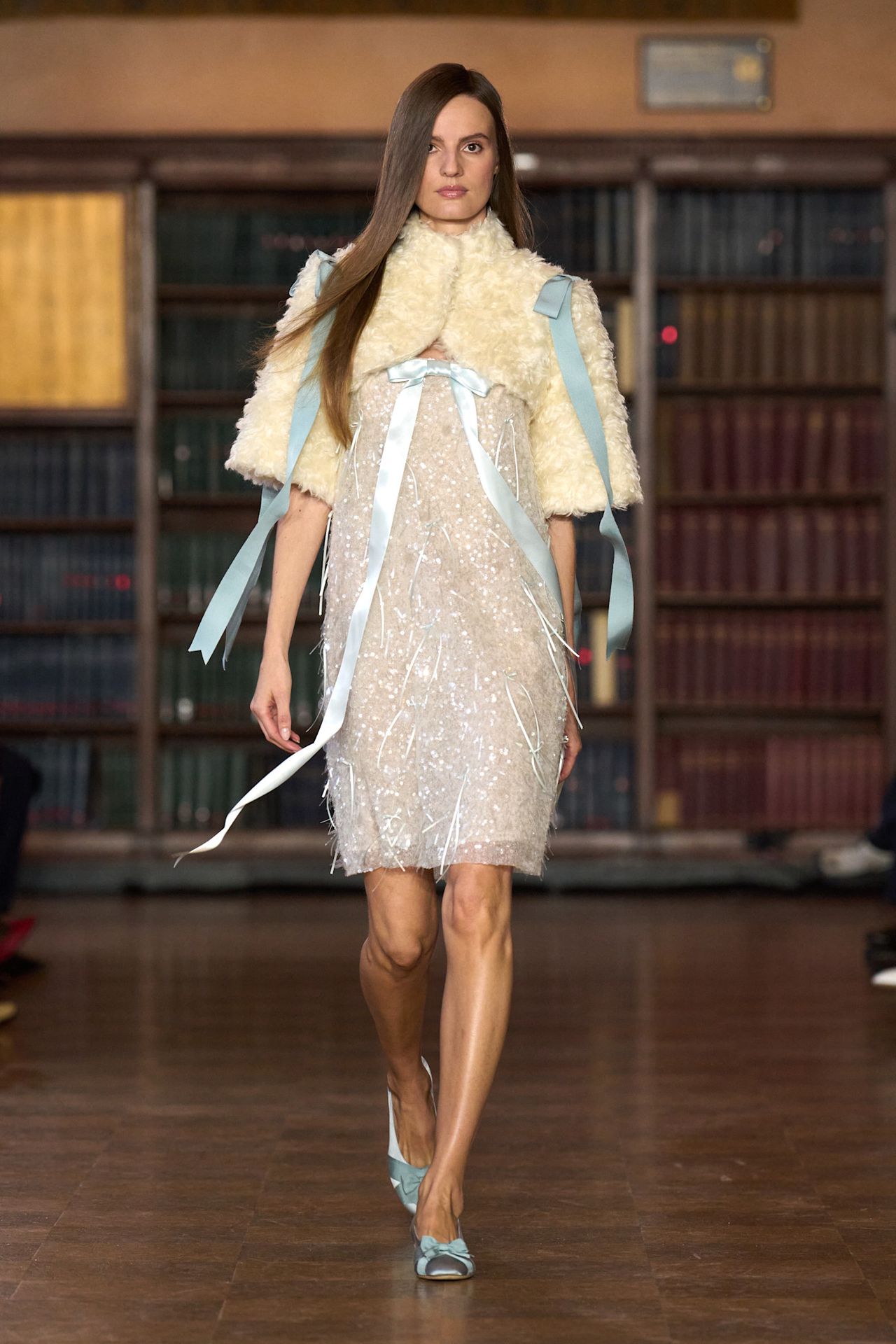 models walk the Sandy Liang Fall 2026 fashion show runway wearing slipper shoes