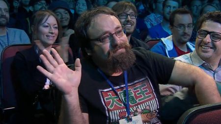 Ubisoft veteran Davide Soliani waves with tears in his eyes at the E3 2017 reveal of Mario + Rabbids Kingdom Battle.