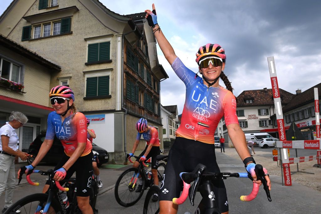 Eleonora Gasparrini (UAE Team ADQ) celebrates at the Tour de Suisse Women