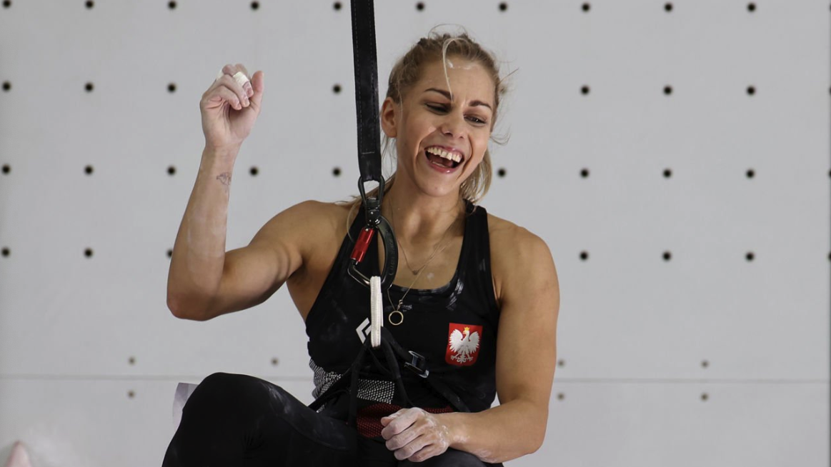 Aleksandra Miroslaw of Team Poland celebrates ahead of the women&#039;s speed climbing finals day live stream at Olympics 2024