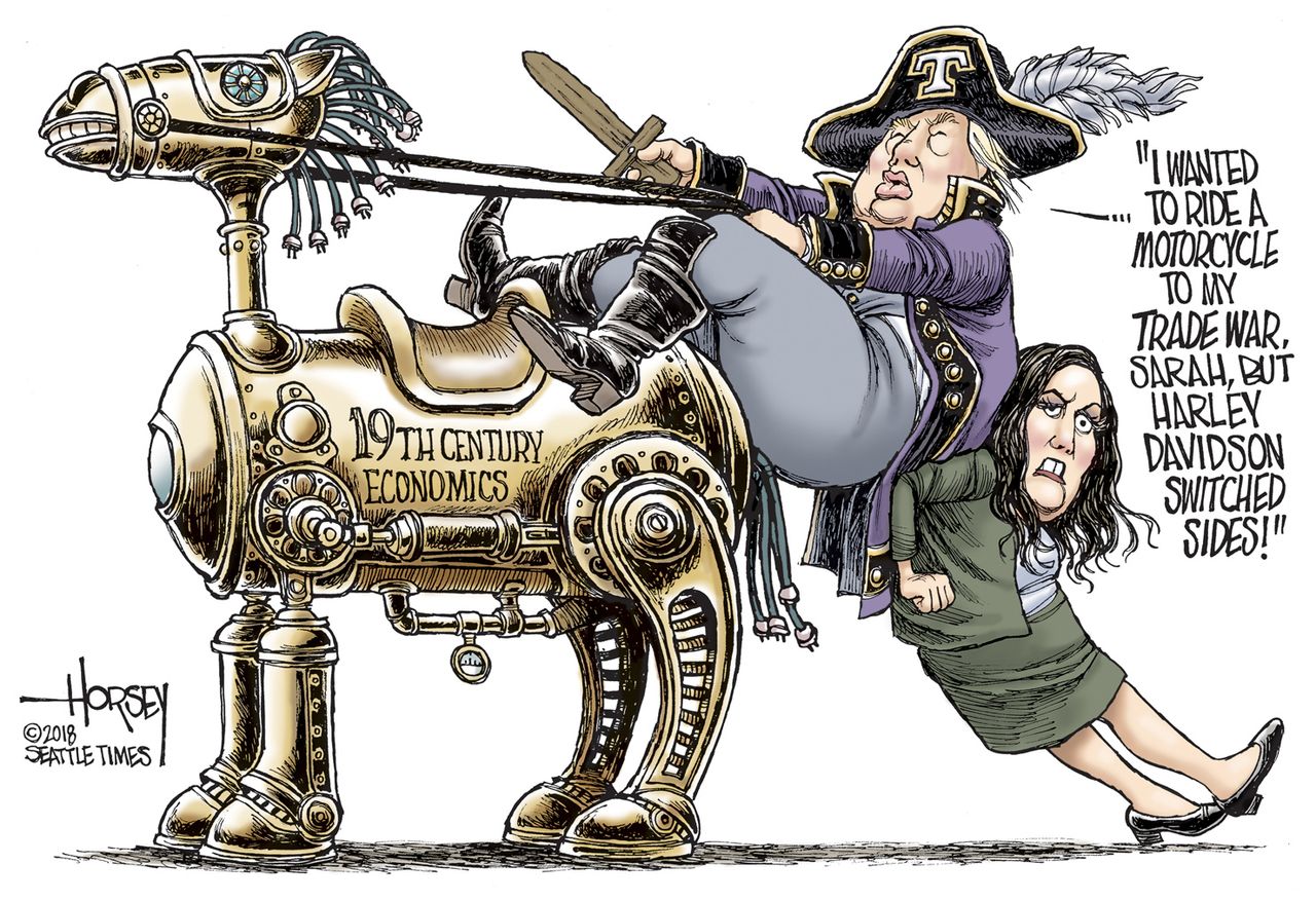 Political Cartoon U.S. Trump trade war Harley-Davidson Sarah Huckabee Sanders