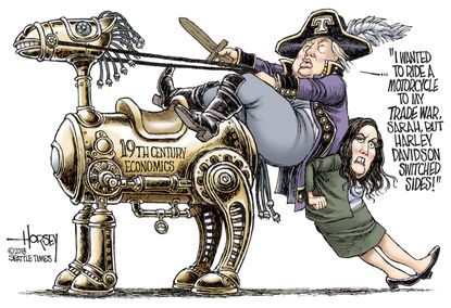 Political Cartoon U.S. Trump trade war Harley-Davidson Sarah Huckabee Sanders