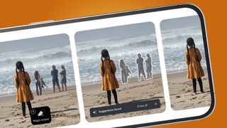 A phone screen showing a photo of a child on a beach being edited by Google&#039;s Magic Eraser feature