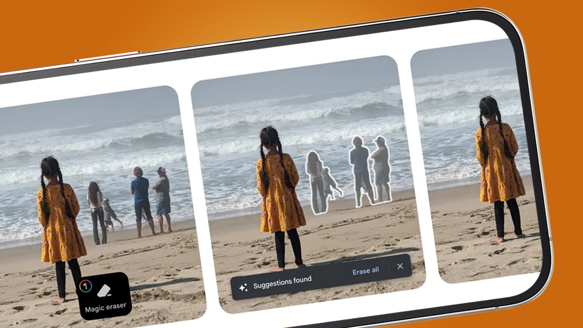 A phone screen showing a photo of a child on a beach being edited by Google's Magic Eraser feature
