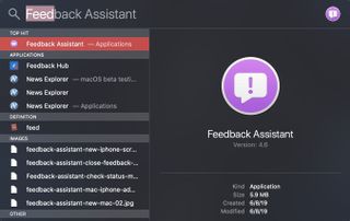 Spotlight Search helps you find the Feedback Assistant app on your Mac