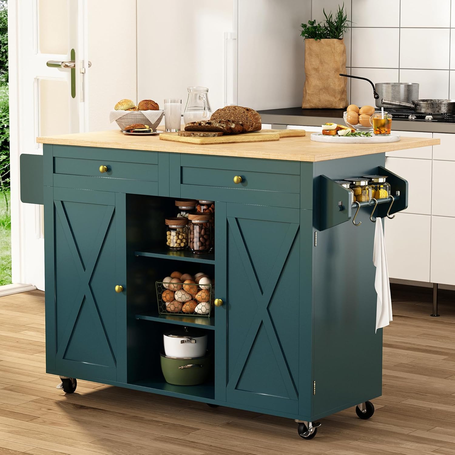 Holtico Kitchen Island on Wheels, Kitchen Trolley With Worktop Storage Islands &amp;amp; Carts Rolling Kitchen Island Cart With Drop Leaf Countertop Vegetable Rack on Wheels, (green)