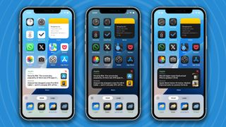 Several iPhones against a blue background, each showing different ways to edit the Home Screen in iOS 18.