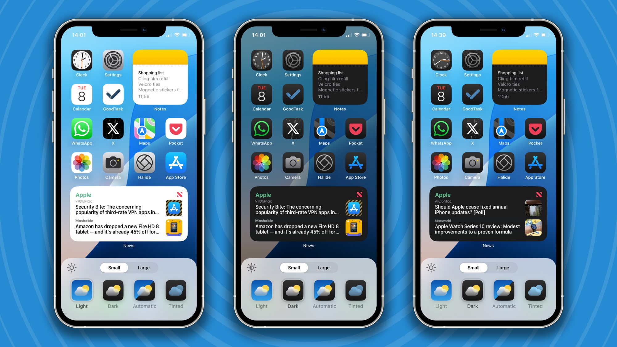 Varios iPhone sobre un fondo azul, cada uno de los cuales muestra diferentes formas de editar la pantalla de inicio en iOS 18.