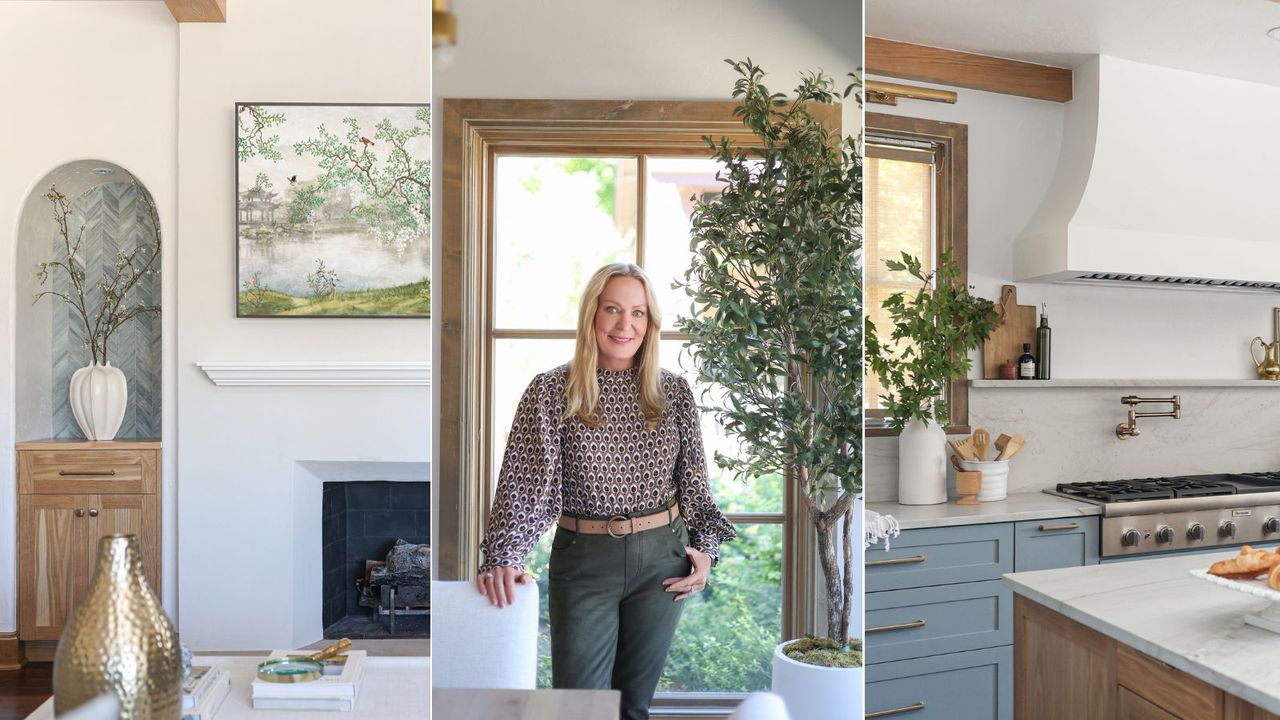 Designer Valerie Helgeson in a blue and white house in Oklahoma