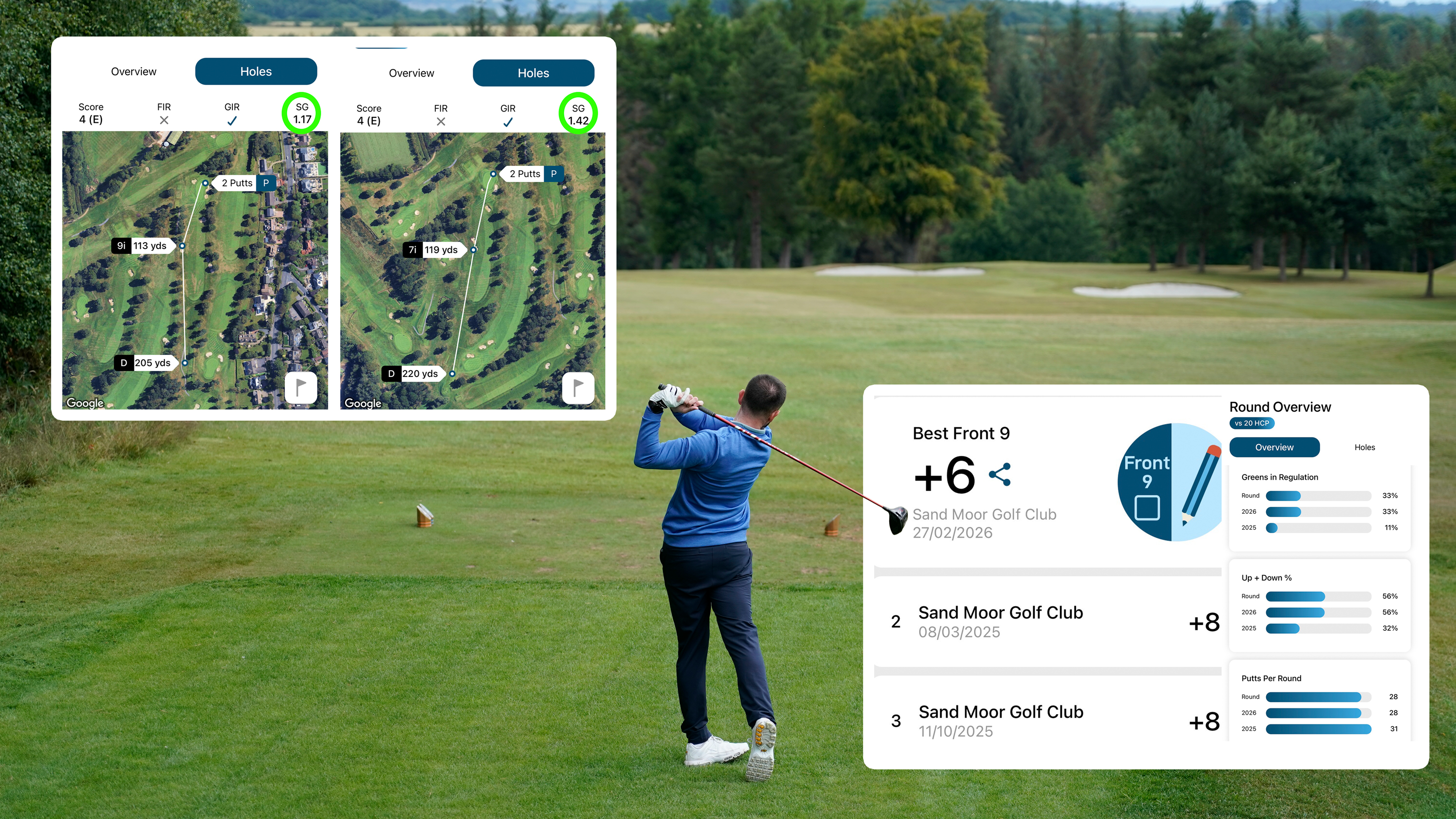 Baz Plummer in the finish position after hitting a driver off the tee at Sand Moor Golf Club, with two inset images of Shot Scope data from his best ever round following a golf improvement plan