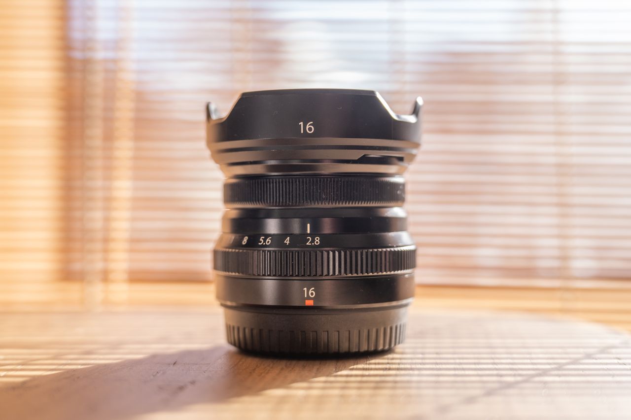 A photo of a Fujifilm lens in front of a bright window. The shadows have been boosted to demonstrated dynamic range performance of the A7CR.