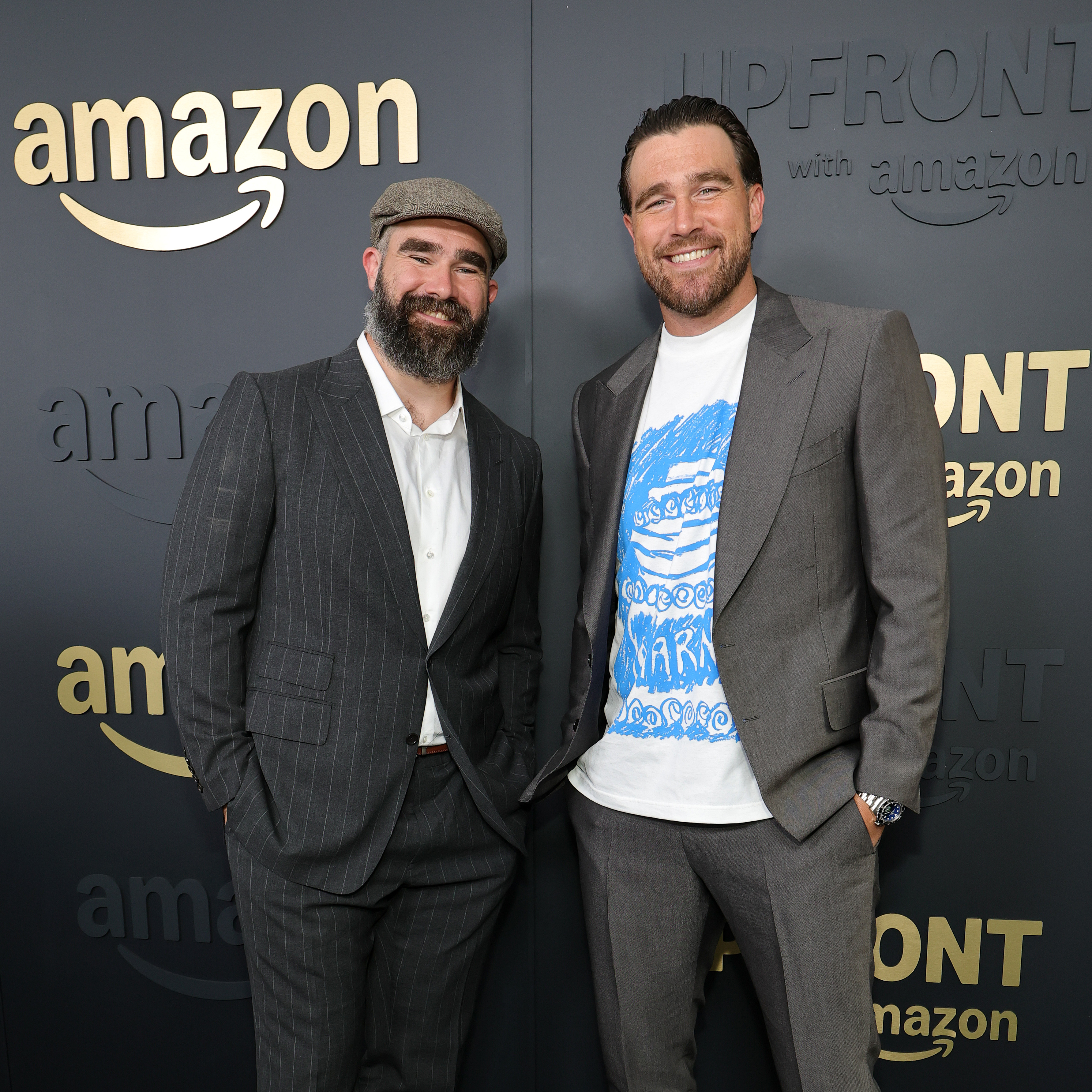 NEW YORK, NEW YORK - MAY 12: (L-R) Jason Kelce and Travis Kelce attend the Amazon 2025 Upfront at Beacon Theatre on May 12, 2025 in New York City. (Photo by Dia Dipasupil/Getty Images)