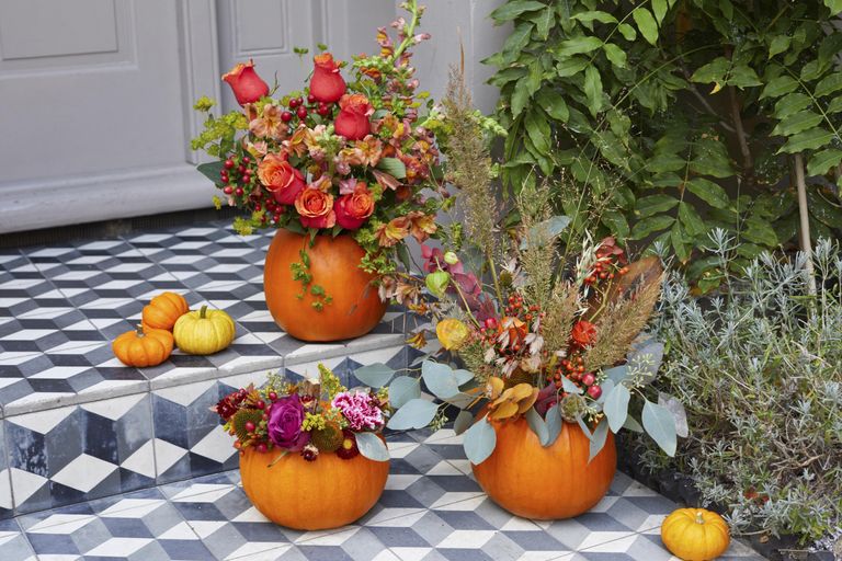 DIY pumpkin vase ideas by Bloom & Wild on tiled front porch