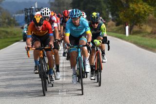 SAN DANIELE DEL FRIULI ITALY OCTOBER 20 Enrico Battaglin of Italy and Team Bahrain Mclaren Fabio Felline of Italy and Astana Pro Team Lorenzo Rota of Italy and Team Vini Zabu KTM Breakaway during the 103rd Giro dItalia 2020 Stage 16 a 229km stage from Udine to San Daniele Del Friuli 249m girodiitalia Giro on October 20 2020 in San Daniele Del Friuli Italy Photo by Tim de WaeleGetty Images