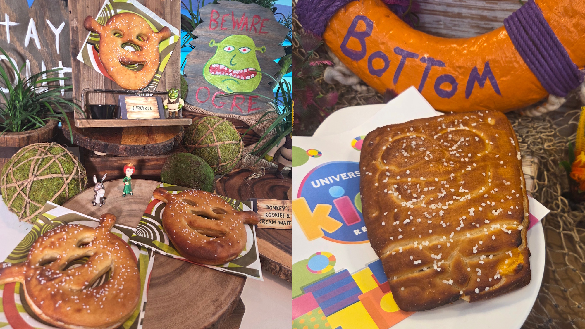 Soft pretzels shaped like SpongeBob SquarePants and Shrek are shown at Universal Kids Resort.