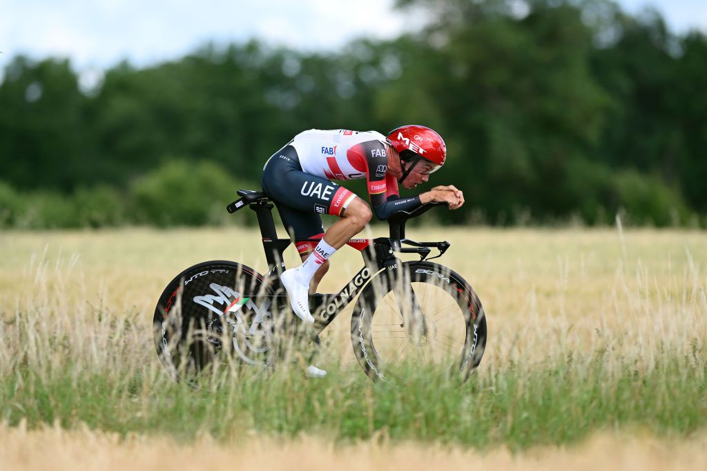 LA BATIE DURFE FRANCE JUNE 08 Juan Ayuso Pesquera of Spain and UAE Team Emirates sprints during the 74th Criterium du Dauphine 2022 Stage 4 a 319km individual time trial from Montbrison to La Btie dUrf WorldTour Dauphin on June 08 2022 in La Batie dUrfe France Photo by Dario BelingheriGetty Images