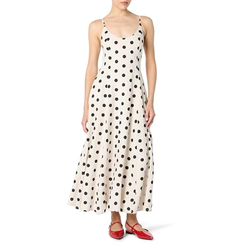 Drop Luna scoop Neck Neck Linen Maxi dress, whispering white/black polka dots, L