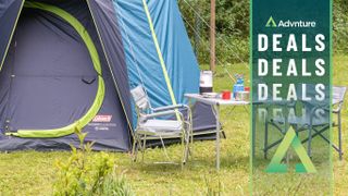 Coleman tent with camping table and chairs