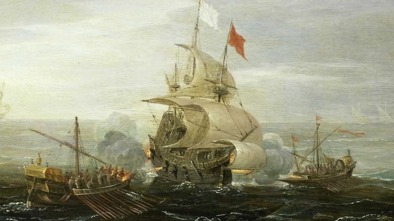 A painting of a large ship being attacked by two smaller ships