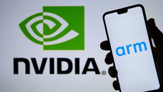 The Arm logo on a smartphone in front of the Nvidia logo in the background