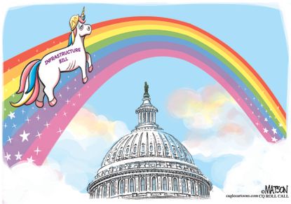 Political Cartoon U.S. White House Unicorn Mythical infrastructure Bill