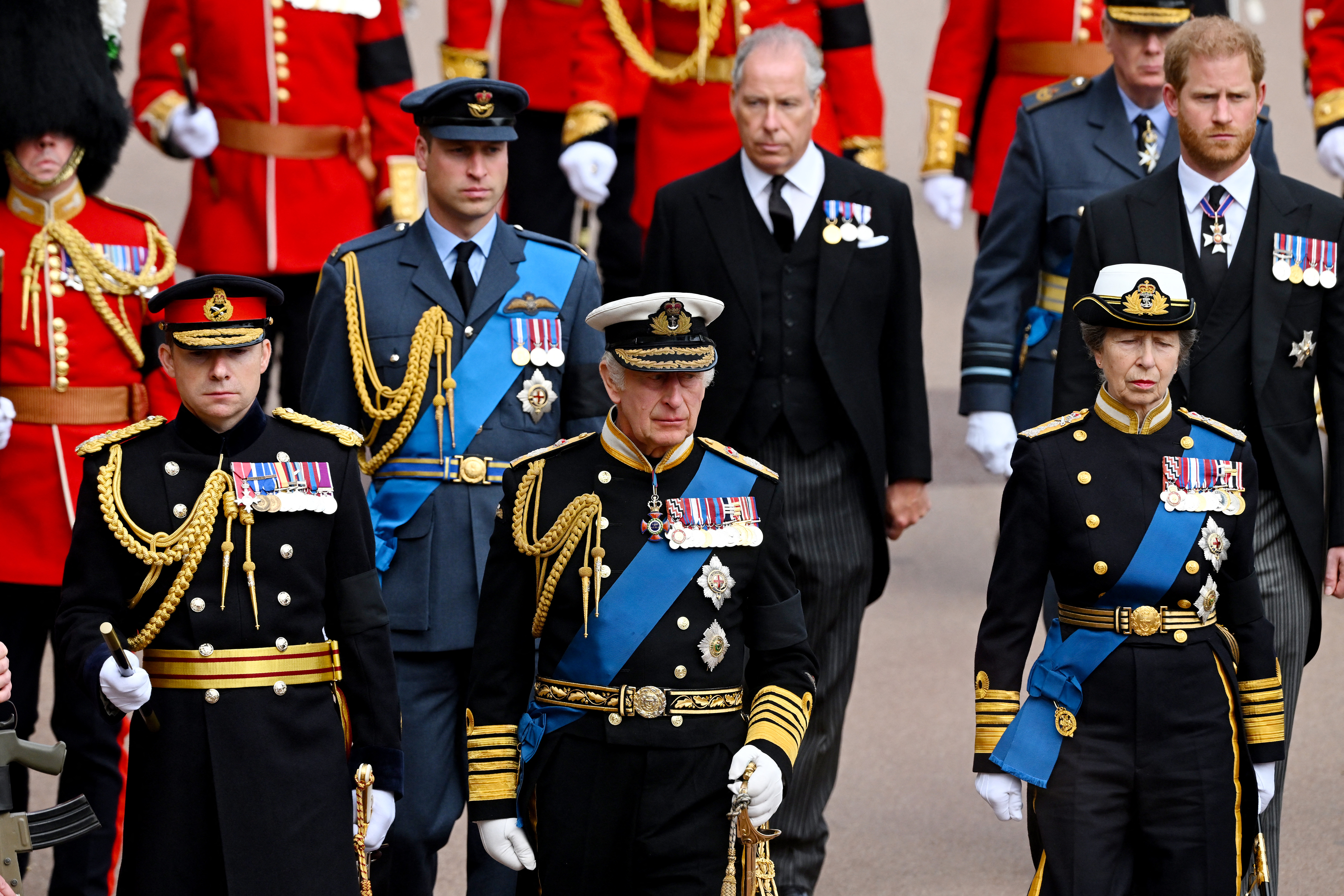 Prince Harry, Prince William, King Charles and Princess Anne marching during Queen Elizabeth's funeral