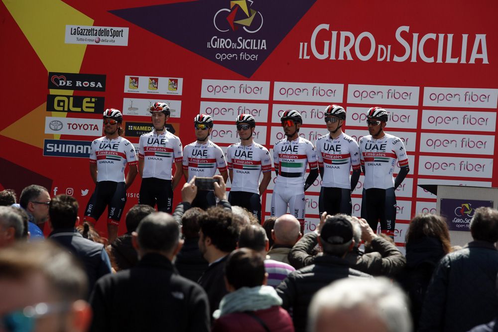 UAE Team Emirates on the sign-on podium