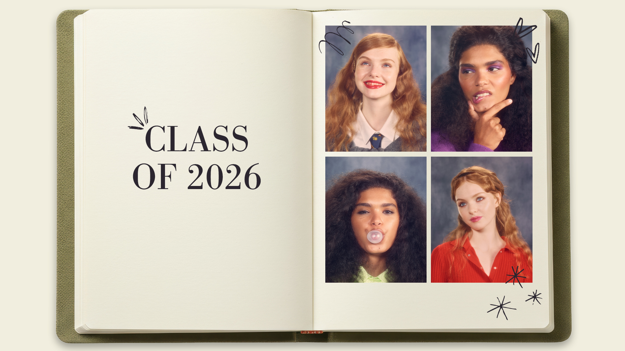 A year-book style graphic with back-to-school beauty trends worn by models