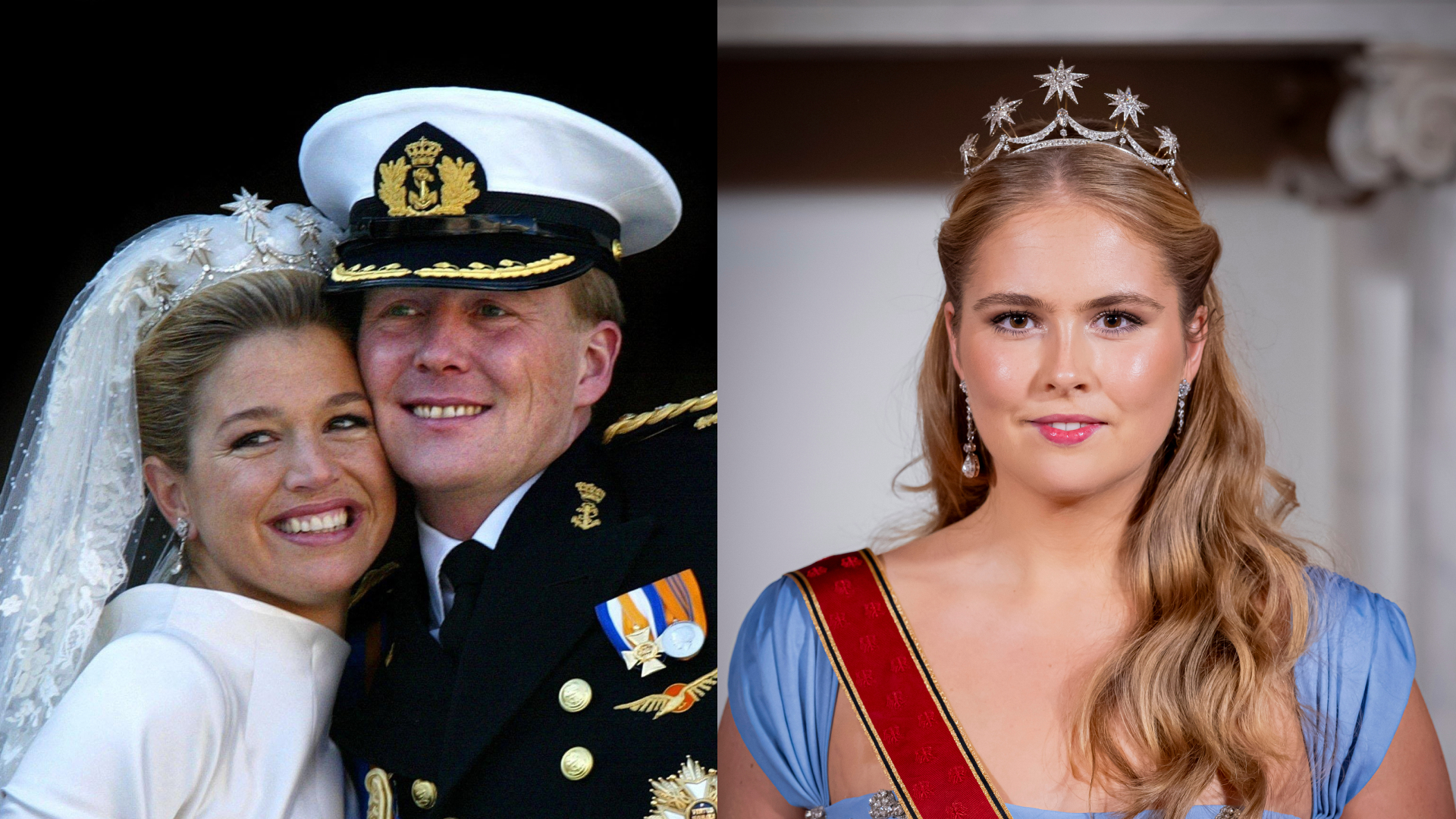 A split image of Queen Maxima and King Willem-Alexander on their wedding day and Princess Amalia wearing the same wedding tiara