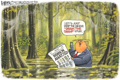 Political Cartoon U.S. Trump Bannon arrest drain the swamp