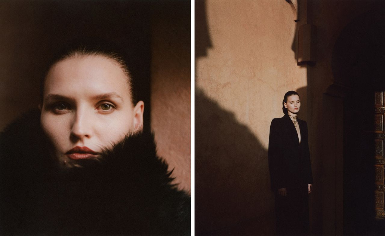 Model wears black in summer in Moroccan hotel