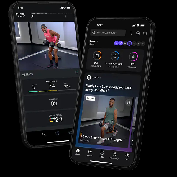Screenshots of the Peloton app on two phones