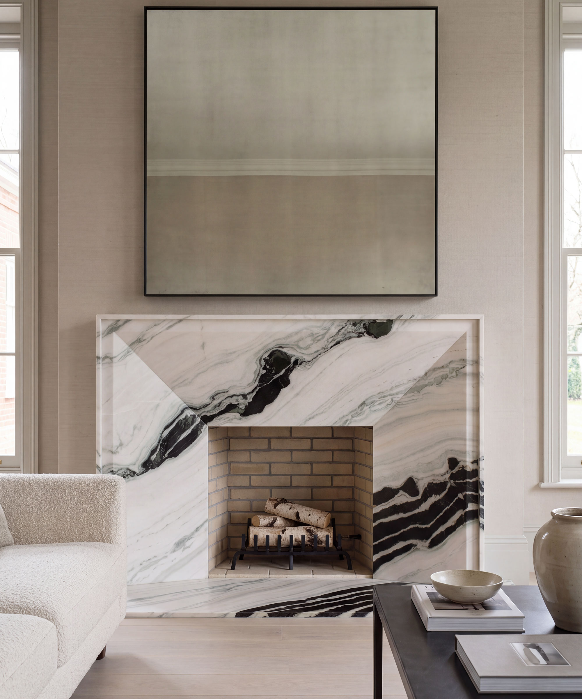 modern neutral living room with Panda marble fire surround