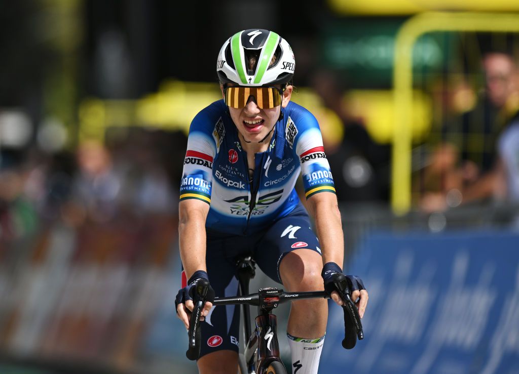 MORTEAU FRANCE AUGUST 16 Sarah Gigante of Australia and AG Insurance Soudal Team crosses the finish line during the 3rd Tour de France Femmes 2024 Stage 6 a 1592km stage from Remiremont to Morteau UCIWWT on August 16 2024 in Morteau France Photo by Dario BelingheriGetty Images