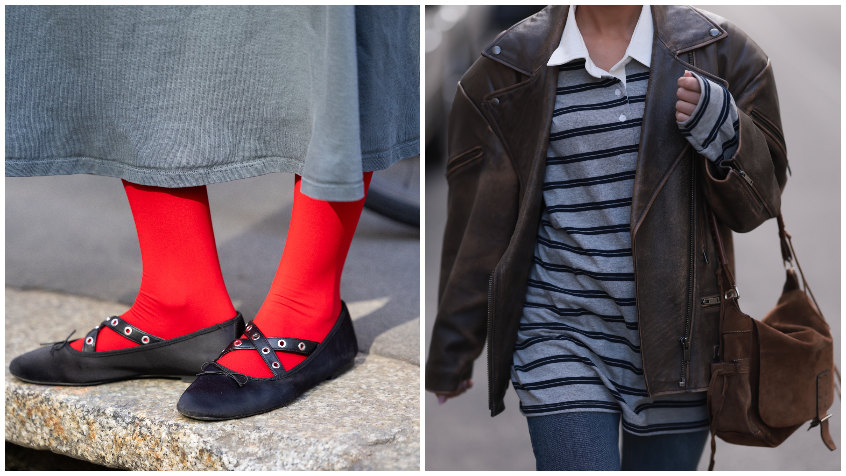 woman wearing red socks, woman wearing a striped rugby shirt