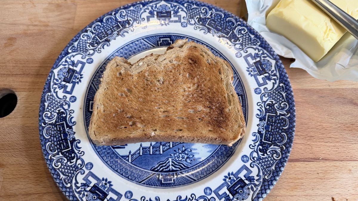 Toast on a blue plate, after being cooked in the KitchenAid Pro Line toaster