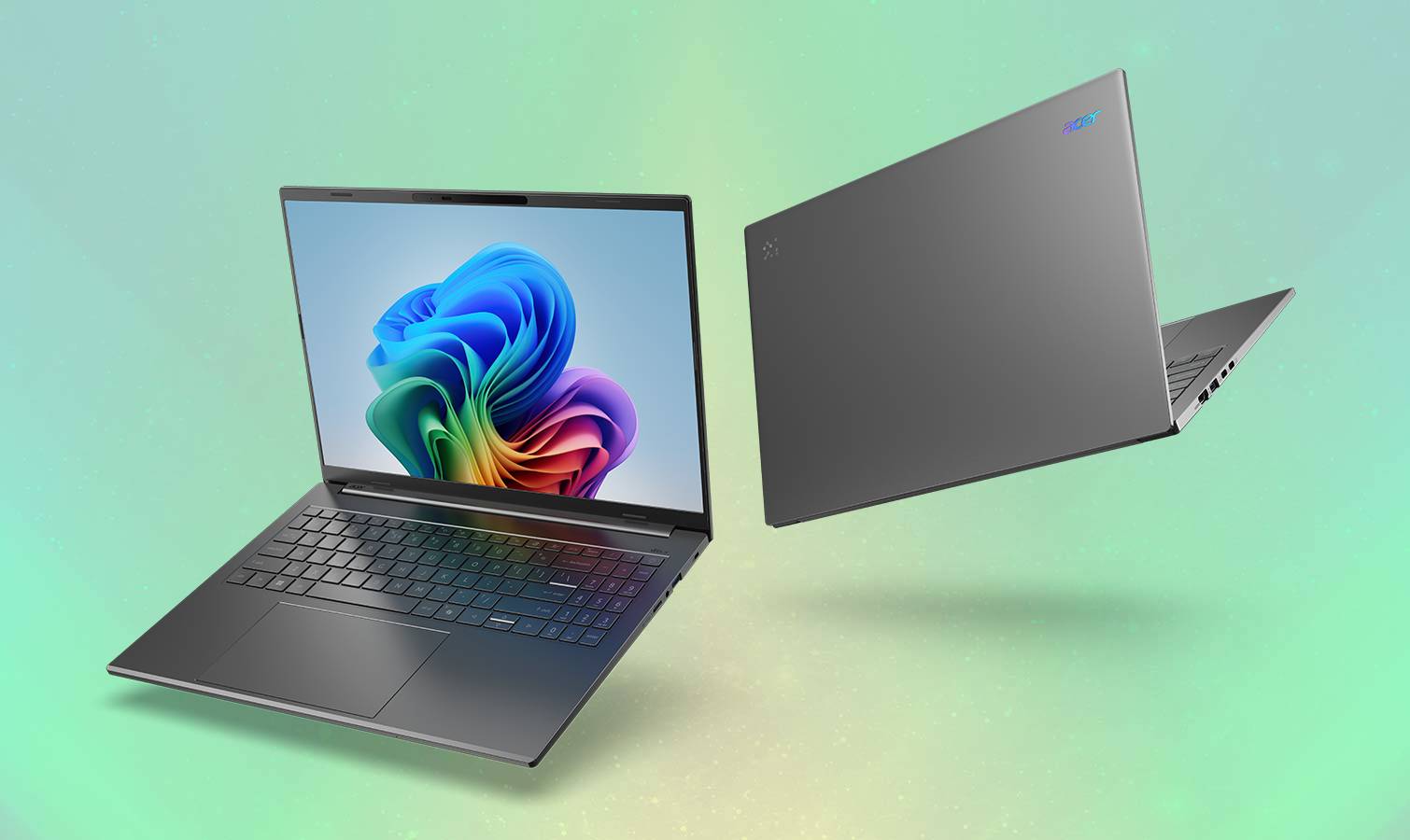 Acer Aspire AI A16 laptops floating on tropical green background