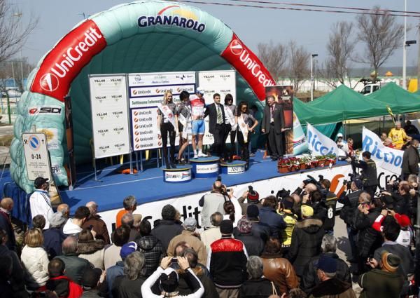 The podium on stage 1a of the Coppi e Bartali