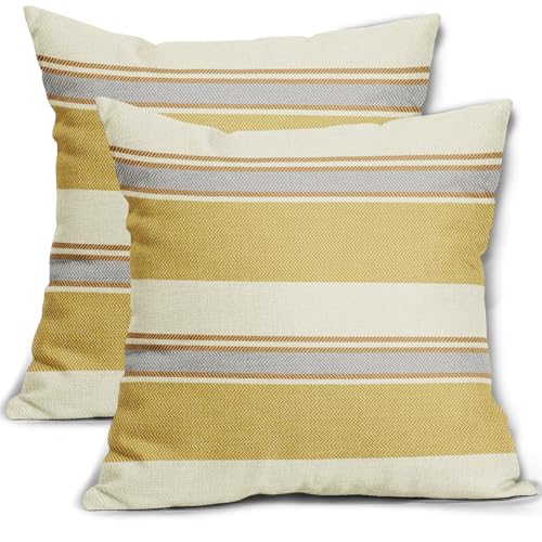 Aytipun Yellow Grey Striped Pillow Covers 18x18 Set of 2 Boho Stripe Print Patterned Gray Cream Decorative Spring Summer Outdoor Pillowcases Modern Farmhouse Throw Cushion Case Couch Sofa Bed Decor