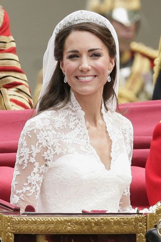 Kate Middleton headshot with a half up wedding hairstyle