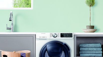 washing machine with cream wall and plant on pot with towels