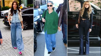 a collage of three celebrities wearing fall 2024 denim trends