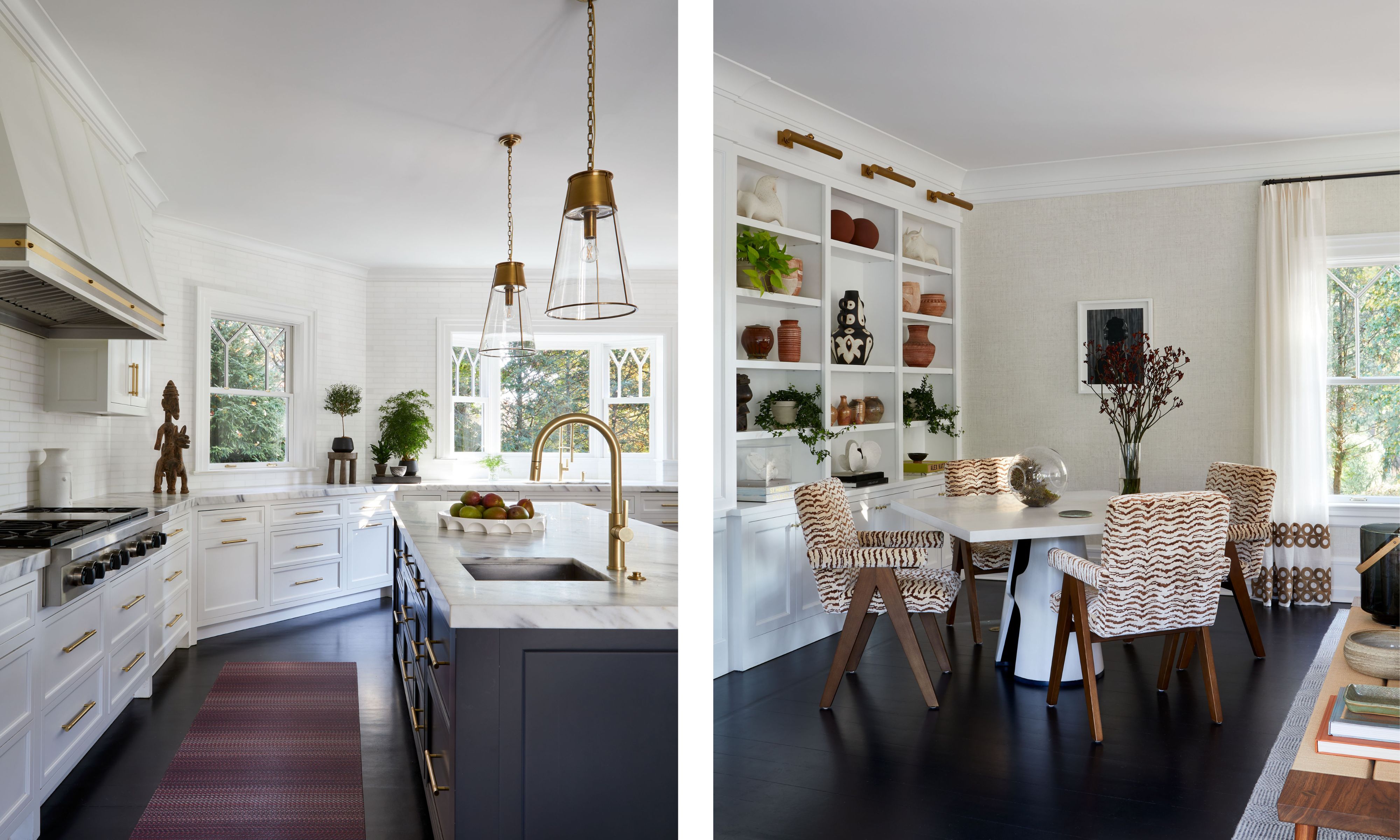 Left image: a white kitchen with dark wood floors and a dark blue island with a marble countertop. Right image: the dining area of the same kitchen with a circular white dining table and dining chairs upholstered in an animal print