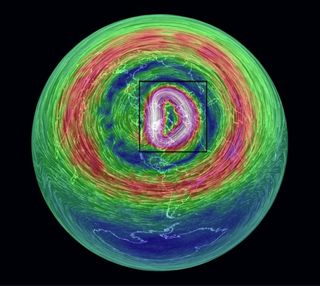 Visualization of wind speed and direction in the lower stratosphere, looking from the top of the Northern Hemisphere down. The polar vortex is highlighted within the black rectangle, with its circulation extending south above the U.S.